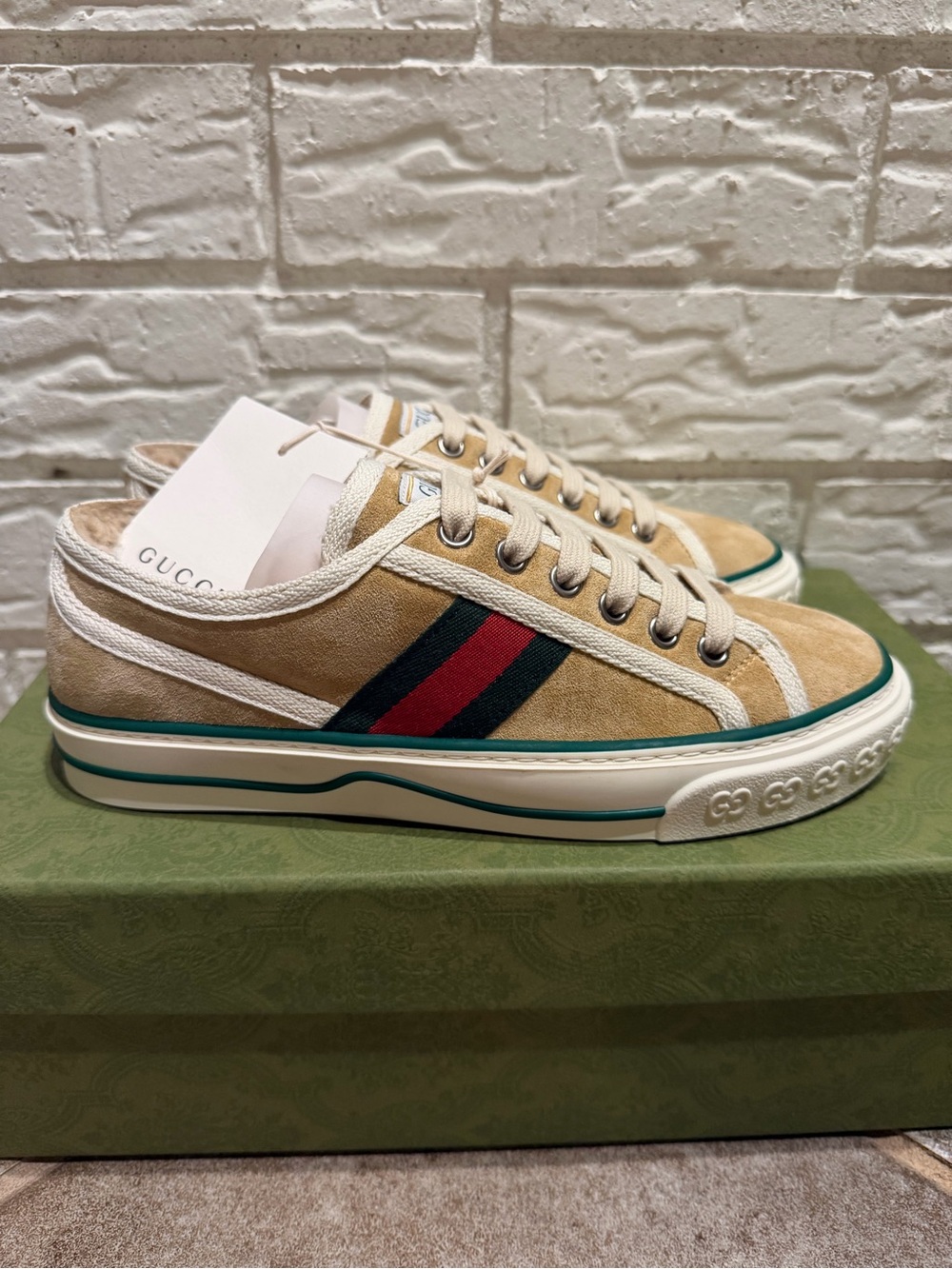 Gucci Beige Suede Low-Top Sneaker with Red & Green Web Stripe
